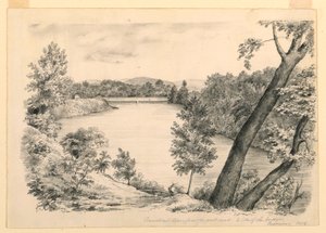 図面、バーモント州ブラトルボロ近郊、コネティカット川の眺め、1854年 作： ジョン・チェイニー