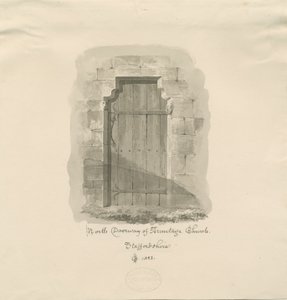 アーミテージ教会-ノースドアウェイ：セピア画、1823 作： John Chessell Buckler