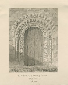 アーミテージ教会-南の出入り口：セピア色の描画、1823年 作： John Chessell Buckler