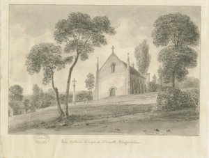 クレスウェル-ドレイコットインザムーアカトリックチャペル：セピア色の描画、1841年 作： John Chessell Buckler