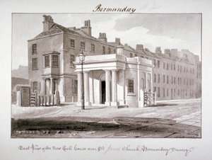 セント ジェームズ教会近くの新しい料金所の東側の眺め、ロンドン、バーモンジー、1827 年。 作： John Chessell Buckler
