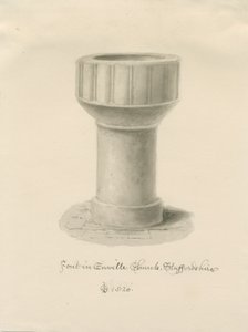 エンビル教会のフォント：セピア色の描画、1820年 作： John Chessell Buckler