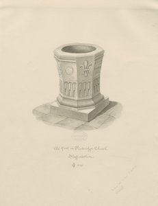 ペンクリッジ教会のフォント：セピア色の描画、1841年 作： John Chessell Buckler