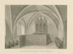 リッチフィールド大聖堂の内部 - Consistory Court：セピア色の図面 作： John Chessell Buckler