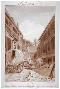 「サザーク、ハイストリートのイーストサイドにあるキングズヘッドイン」、ロンドン、1827年。 作： John Chessell Buckler