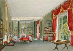 ケントのブロムリーヒルにある図書室と応接室（右の席。チャールズロング） 作： John Chessell Buckler