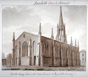 セント メアリー ザ レス教会の北東の眺め、ランベス バッツ、ロンドン、1828 年 作： John Chessell Buckler