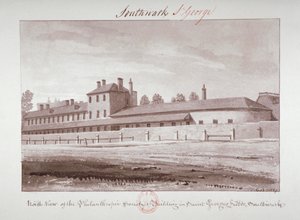 1827 年、ロンドン、サザーク、ロンドン ロードにある博愛協会機関の北側の眺め 作： John Chessell Buckler