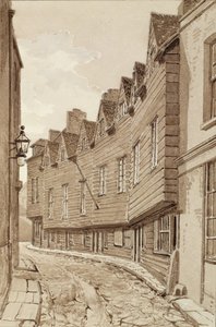 1828年、バーモンドジーのミルレーンにある古い家屋。 作： John Chessell Buckler