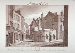 「サザークのトゥーリー・ストリート近くのセント・オーラヴの監視所とホプキンズ・コート」、ロンドン、1827年 作： John Chessell Buckler