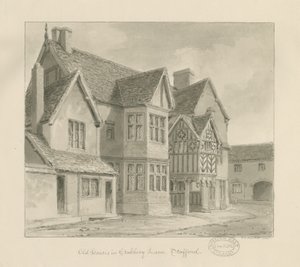 スタッフォード-クラベリーレーンの古い家屋：セピア色の絵、1841年 作： John Chessell Buckler