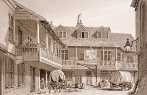 バラ ハイ ストリート、サザーク、ロンドン、1827 にあるタバード イン。 作： John Chessell Buckler