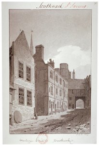 モンタギュー ハウス、サザーク、ロンドン、1827 の玄関方向を見たビュー 作： John Chessell Buckler
