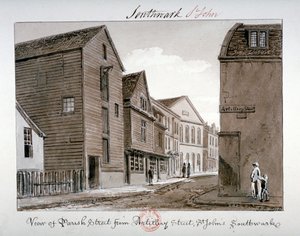 パリッシュ ストリートとアーティレリー ストリートの眺め、バーモンジー、ロンドン、1828 年 作： John Chessell Buckler