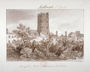 ロンドン、サザーク、ウェスト スクエアの電信塔の眺め、1827 年 作： John Chessell Buckler