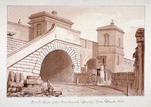 バンクサイドから見たサザーク橋の南端、サザーク、ロンドン、1828 年 作： John Chessell Buckler