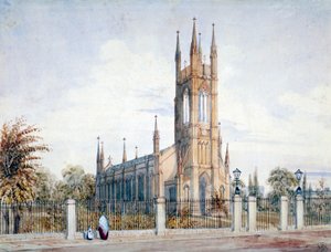 聖ルカ教会の西側の眺め、チェルシー、ロンドン、1847 年。 作： John Chessell Buckler