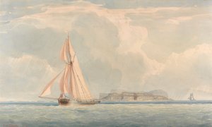 島を背景に左にセーリングするボート 作： John Christian Schetky