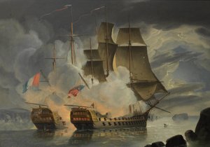 1798年4月21日、ブレスト沖でのH.M.S.マルスとフランスの74エルキュールとの激闘。 作： ジョン・クリスチャン・シェッキー