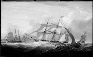 リスボン（ポルトガル）沖のHMS「コロンバイン」号と他の船 油彩・キャンバス 作： John Christian Schetky