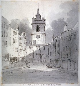 1790 年にロンドン市のフォア ストリートからクリプルゲートのないセント ジャイルズ教会。 作： John Claude Nattes