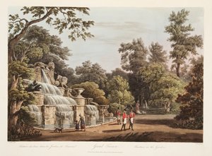 グランドトリアノン、庭の噴水、ベルサイユ、パリ、サンドニのイラスト、パブ。 1805（アクアチント） 作： John Claude Nattes