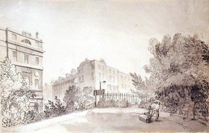 フィッツロイ・スクエアの眺めと庭のローラーを引く二人の人物」1808年頃（紙に水墨画） 作： John Claude Nattes