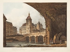 ポン・オー・チェンジ、トゥールドロロージュ、コンシェルジュリーの眺め。パブのベルサイユ、パリ、サンドニのイラスト。 1807（アクアチント） 作： John Claude Nattes