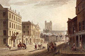 ジョンヒル（1770-1850）のパブが刻印した、「一連の景色で描かれたお風呂」からの市庁舎、市場、修道院教会の眺め。ウィリアム・ミラー、1804年（アクアチント） 作： John Claude Nattes