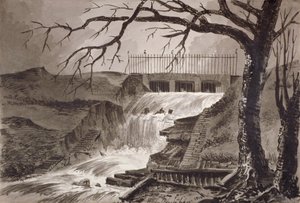 1818年、ロンドンのハイド・パークにあるサーペンタイン川の出口の眺め。                                   