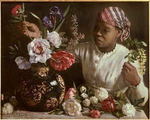 La negresse aux peonines フレデリック・バジーユ（1841-1870）の絵画 1870年 薄暗い。0,6x0,75 m モンペリエ、ファーブル美術館 - 牡丹の花を持つ黒人女性。フレデリック・バジルの絵画 (1841-1870) 作： John Clayton Adams
