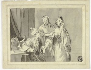 文学的イラストレーション：老女に連れられた若い女を拘束する老人 作： John Collet