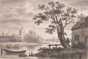 教会、コテージ、風車のある川の風景 作： John Collet