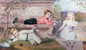 バークシャーのカントリーハウスの庭園にいる、より遠い子供たち、ガスパール、ヘンリー、セシリア 作： John Collingham Moore