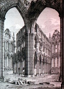 J.D.ハーディングの「Views of English Abbeys & Cathedrals」からの挿絵、ヨークシャー州ウィットビー・アビー、1815年頃（エッチング） 作： John Coney