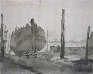 夕暮れ時の船のある川のシーン 作： John Constable