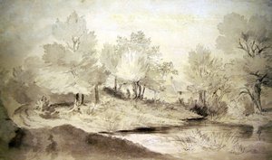 サフォークの池、遠くのコテージ（紙に鉛筆と水彩） 作： John Constable