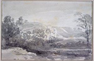 ダービーシャーの眺め（モノクロの水彩画） 作： John Constable