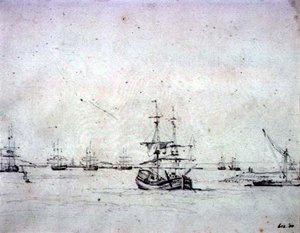 テムズ川のアンカーとその他の輸送船（紙に書かれた黒鉛） 作： John Constable