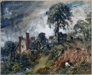 木立の中のコテージ、砂州（油彩・キャンバス 作： John Constable