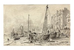 ブライトンのビーチで漁師が網を修理している浜辺の漁船、西向き、1824-28年頃 作： John Constable