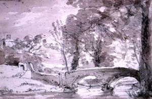 木々や建物のある橋、ハドン 作： John Constable