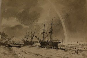 虹のかかるブライトン・ビーチ：荷を降ろすコリアーズ、1792年頃（紙に水彩画） 作： John Constable