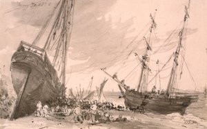 1828年5月30日、前景に2隻の船があるブライトン沿岸の風景 作： John Constable
