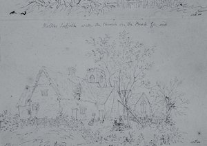 バックグラウンドに教会があるホルトンのコテージ（紙にペンとインク） 作： John Constable
