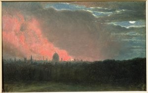 ハムステッドから見たロンドンでの火災（パネルに敷いた紙に油彩） 作： John Constable