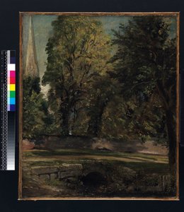 近くの壁の上に見られるソールズベリー大聖堂 作： John Constable