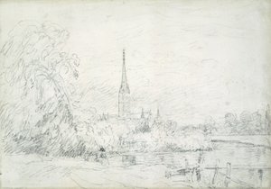 1829年、北西からのソールズベリー大聖堂（黒鉛紙） 作： John Constable