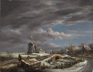 パス、歩道橋、向こうの風車の数字のある冬景色 作： John Constable