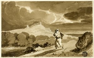 赤ちゃんを連れた女性が湿原を逃走 作： John Constable